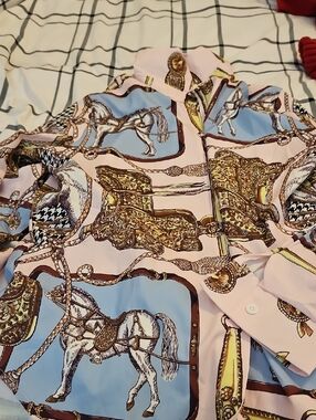 Hermes Pink and Blue Silk Horse-Print Blouse.idk What Size & Hermes Is On Label.